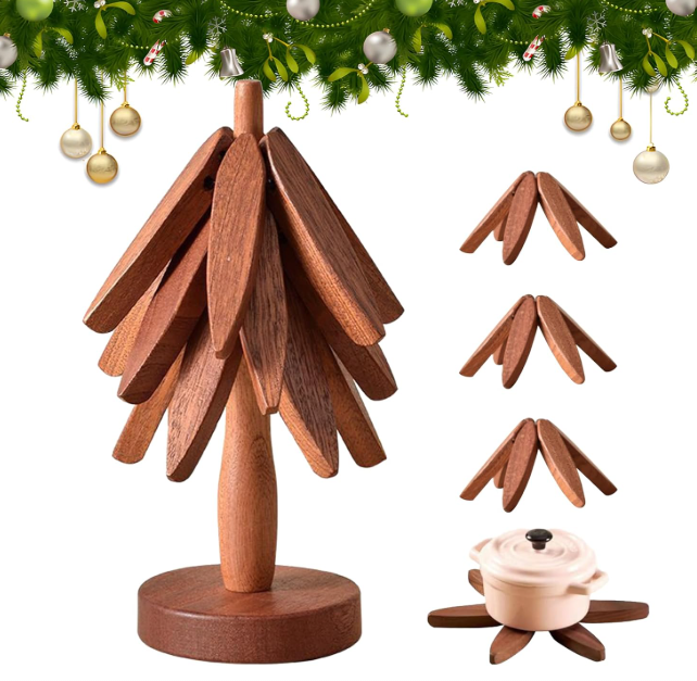 Christmas Tree Trivet Set - 4 Wooden Trivets & 1 Stand